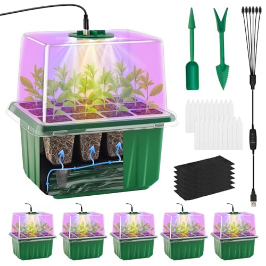 Greenhouse Mini Indoor - ถาดเพาะเมล็ดพร้อมไฟ 6 แพ็ค ชุดเริ่มต้นปลูกต้นกล้าพร้อมโดมควบคุมความชื้น ฐานรองในร่ม โรงเรือนขนาดเล็ก