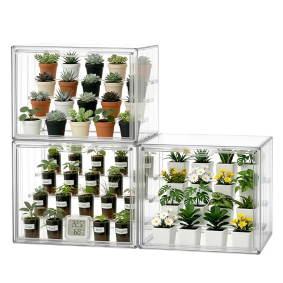 Greenhouse Mini Indoor - เรือนกระจกขนาดเล็กสำหรับปลูกต้นไม้ในร่ม ทำจากพลาสติกใส พร้อมประตูแม่เหล็ก แผ่นกั้นระบายน้ำปรับได้ สามารถวางซ้อนกันได้