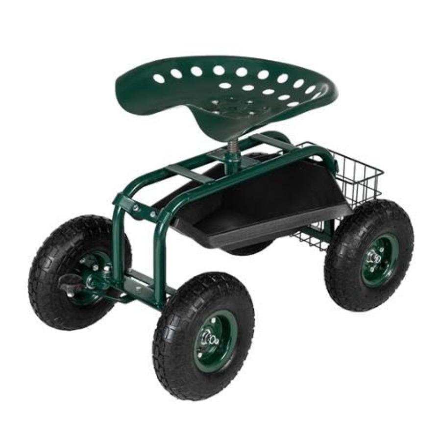 Gardening Tools For Seniors - รถเข็นสวนพร้อมที่นั่งแบบมีล้อเลื่อน, ที่จับบังคับเลี้ยว และถาดใส่อุปกรณ์อเนกประสงค์, รถเข็นปลูกต้นไม้, อุปกรณ์ทำสวนสำหรับผู้สูงอายุ
