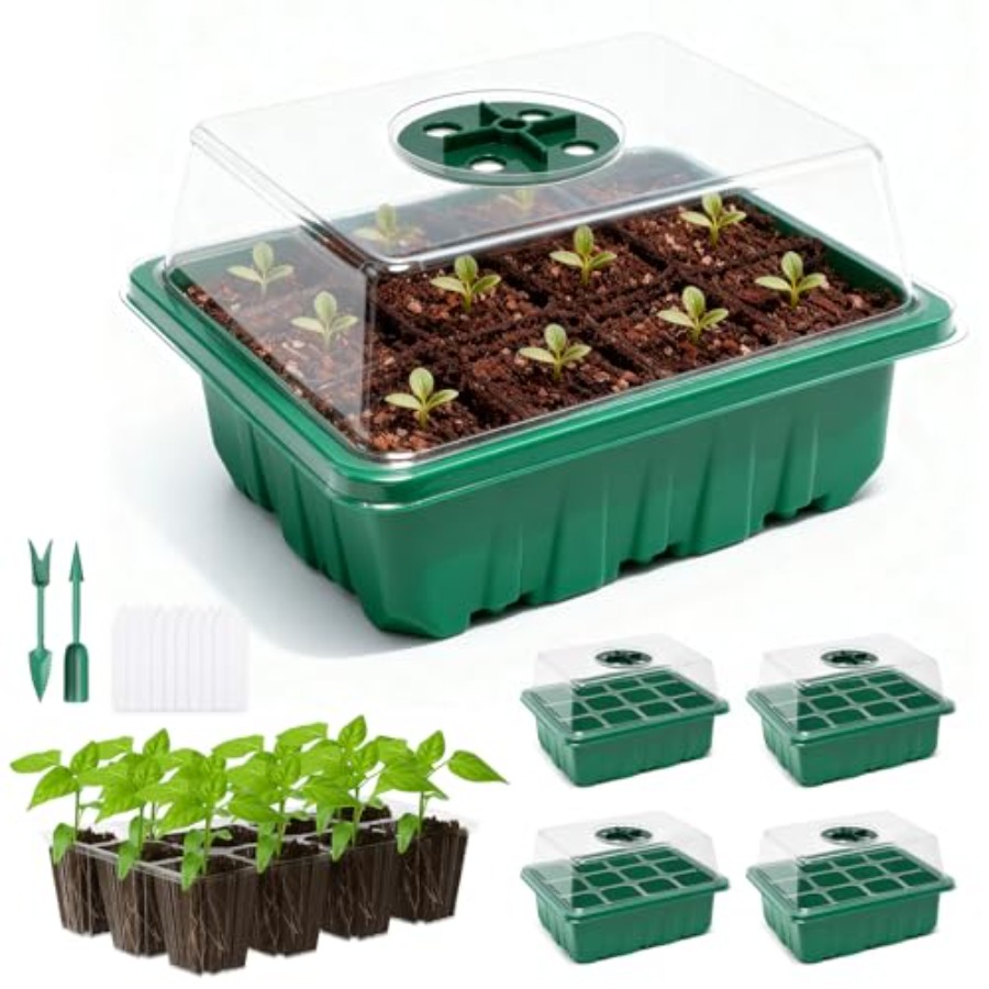 Greenhouse Mini Indoor - ถาดเพาะเมล็ด 5 แพ็คพร้อมโดมควบคุมความชื้น, ชุดเริ่มต้นเพาะเมล็ดพร้อมฐานรูระบายน้ำแบบโปร่งใส โรงเรือนขนาดเล็กในร่มสำหรับเพาะพันธุ์
